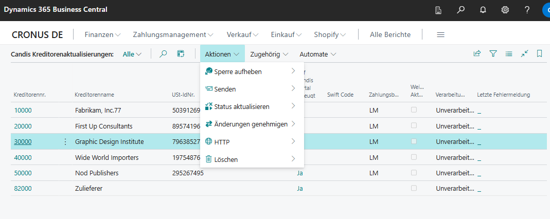 Verügbare Aktionen auf den Transfertabellen am Beispiel der Kreditorenaktualisierungen