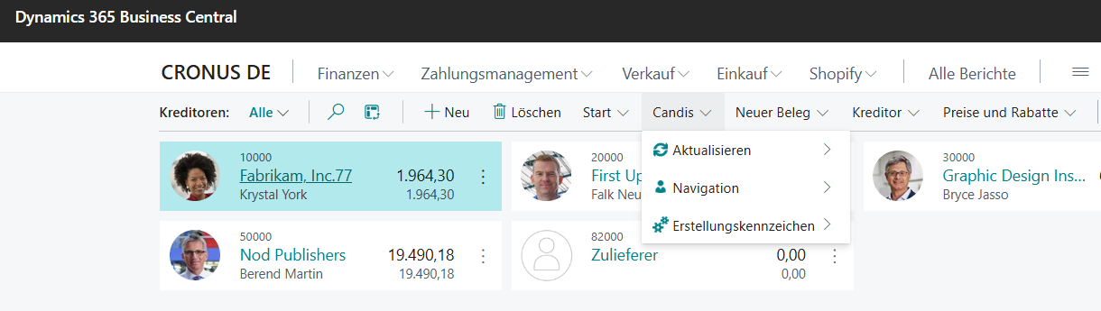 An die MS-Standard Stammdatenlisten integrierten Aktionen am Beispiel der Kreditorenliste
