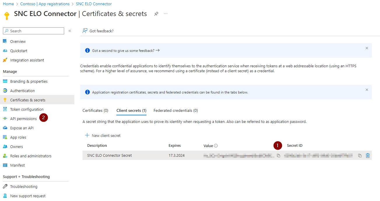 Die API Permissions sind (2) auf der linken Seite.