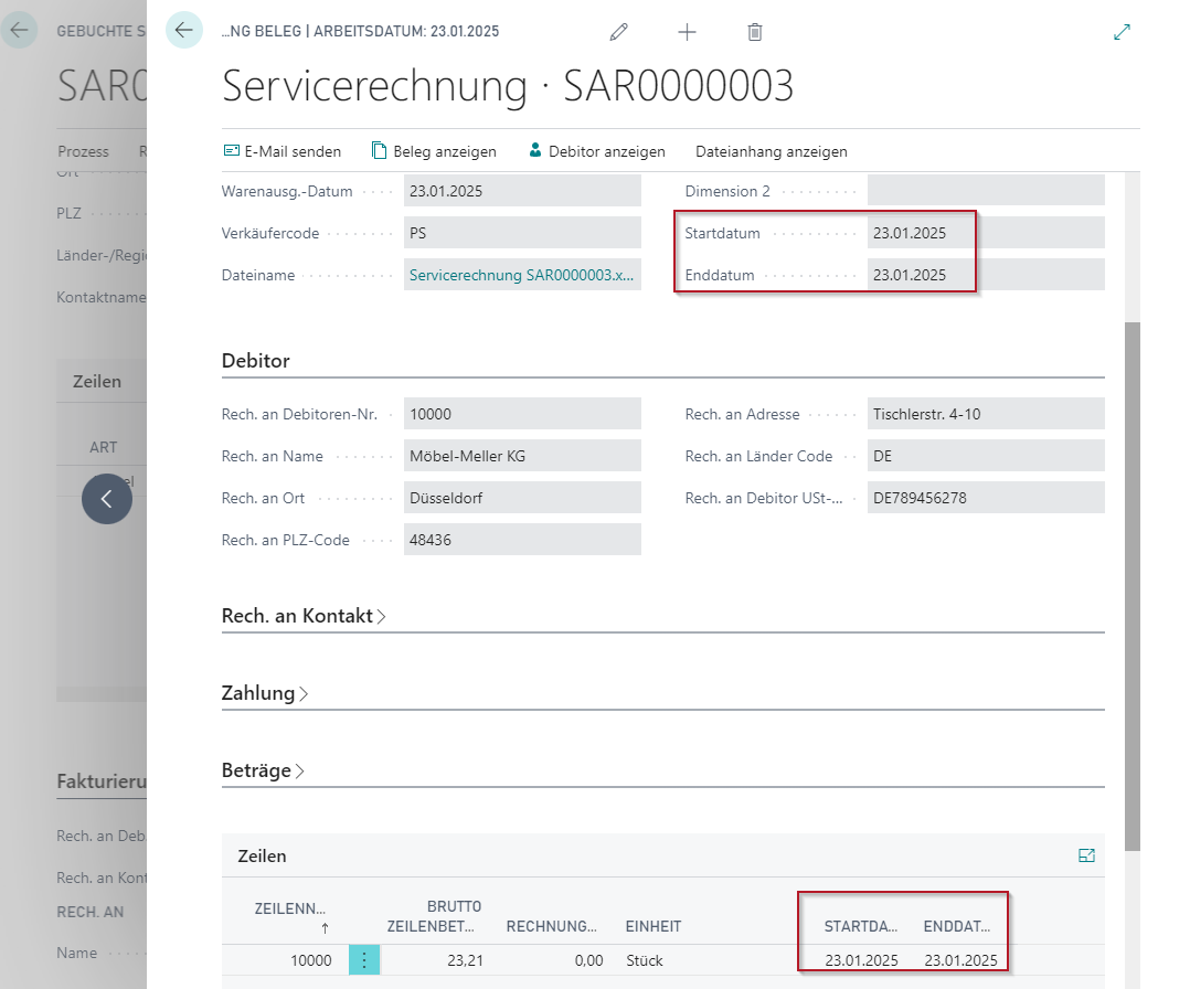 Start- und Enddatum im E-Rechnung Beleg