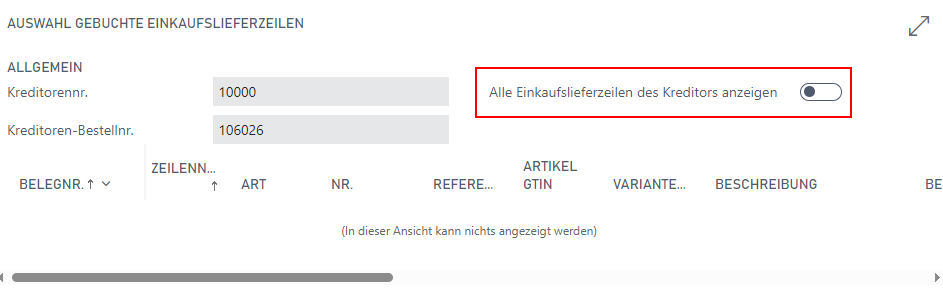 Alle Einkaufslieferzeilen des Kreditors in der Wareneingangsübersicht anzeigen