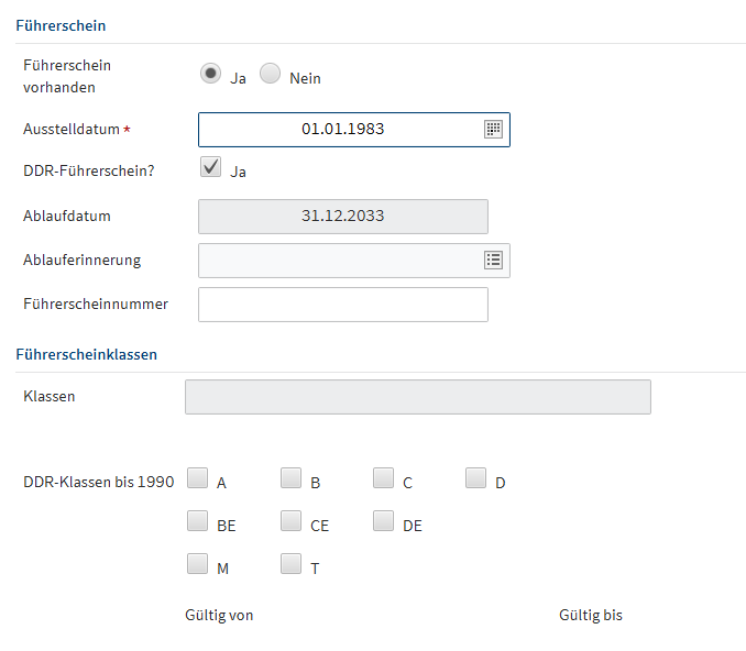 Bei einem DDR-Führerschein nach 1982 werden die neuen DDR-Führerscheinklassen angezeigt.