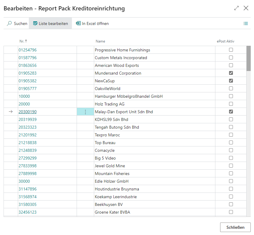 Die Liste der Kreditoren mit ePost-Aktivierungskästchen