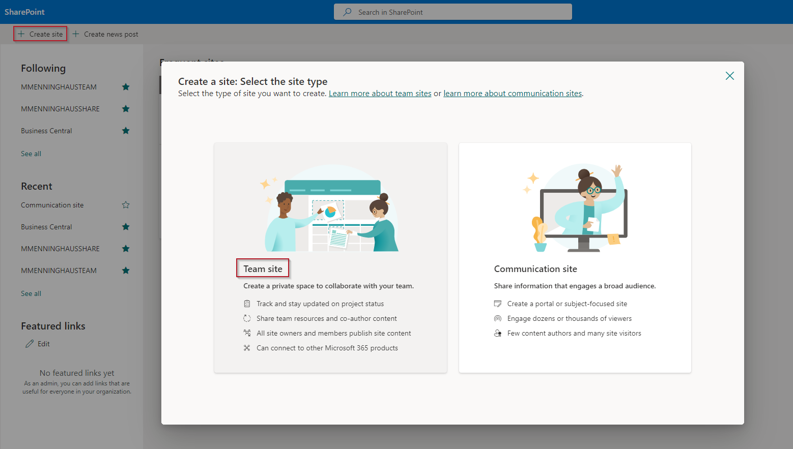 Team Seite erstellen