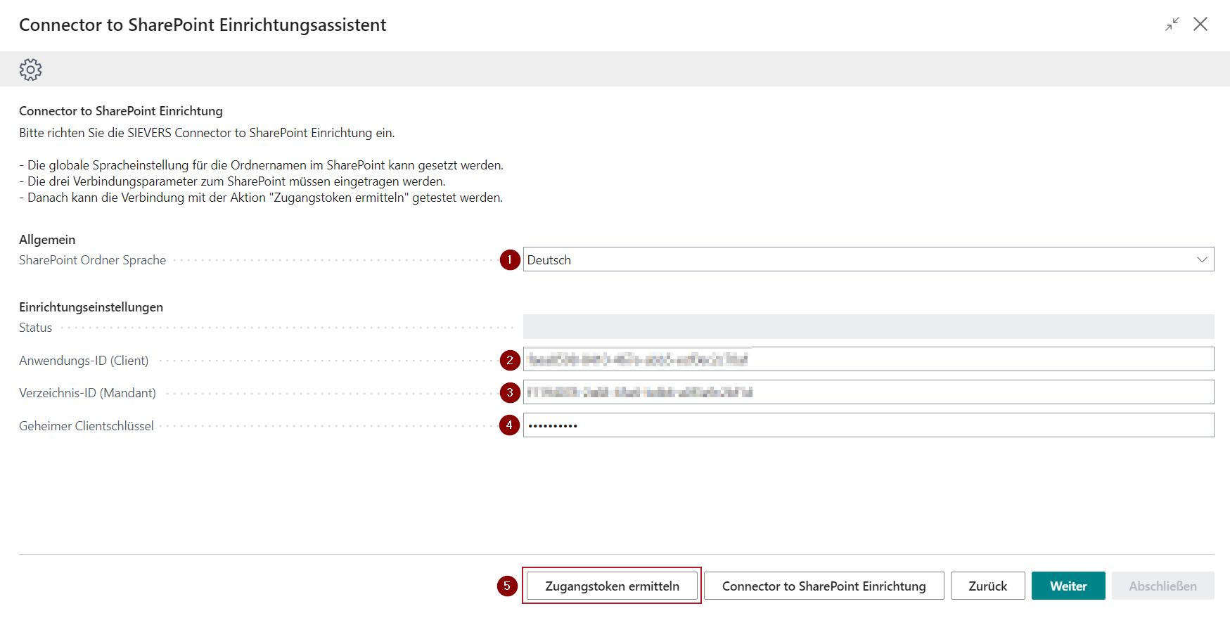 Sprache festlegen und Zugangsdaten eintragen