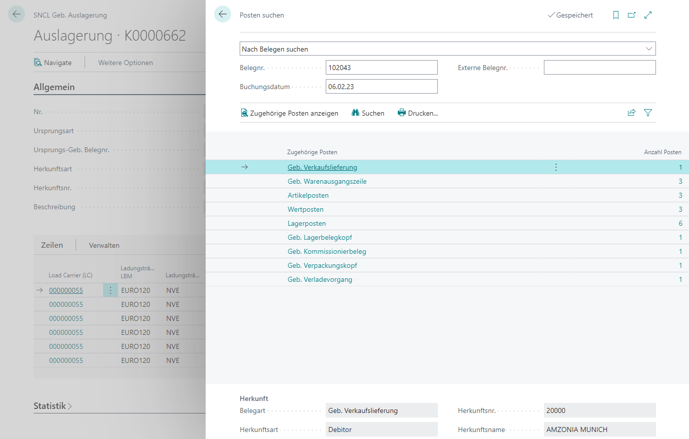 Zu der ausgehenden Lagerbuchung zugehörige Belege. Diese können via Klick auf die Anzahl Posten aufgerufen werden