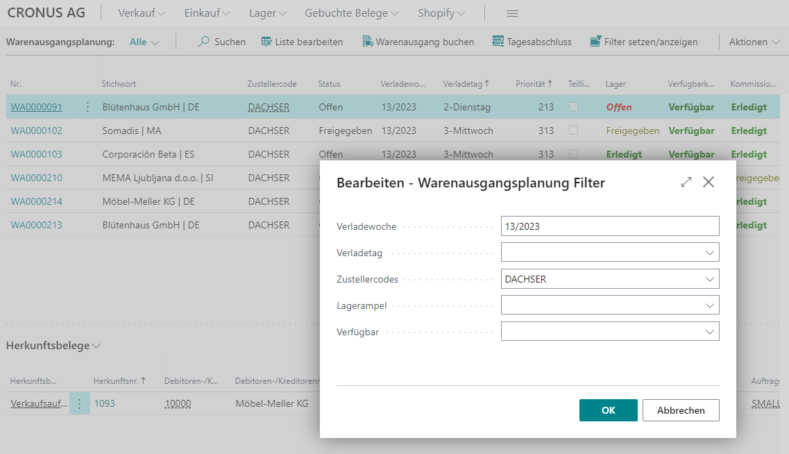 Beispiel eines Filters mit der aktuellen Verladewoche und dem Zustellercode DACHSER.