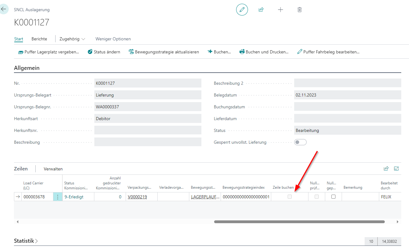 Markieren Sie hier die Zeilen in der ausgehenden Lagerbuchung, die Sie buchen möchten