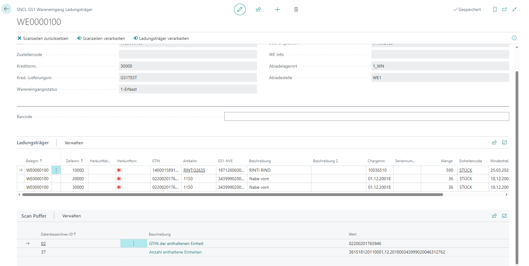 Mit dem GS1-Barcode eingetragene Ladungsträger und der Scan Puffer unten