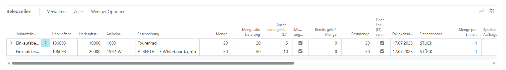 Lieferscheine in Belegzeilen eingeben