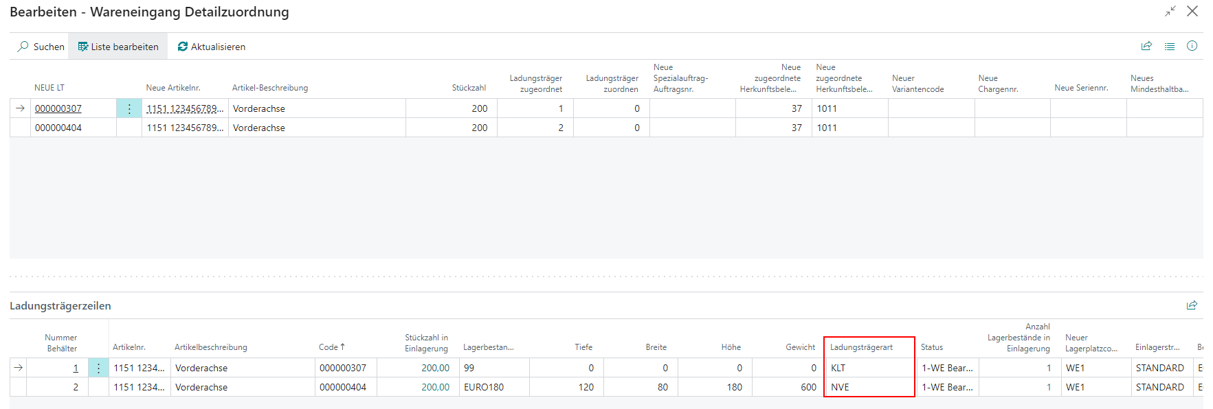 Diese Detailzuordnung gilt nur für die Ladungsträgerarten KLT und NVE.