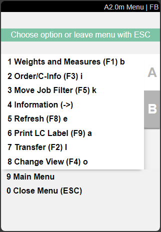B menu of A2 internal transports