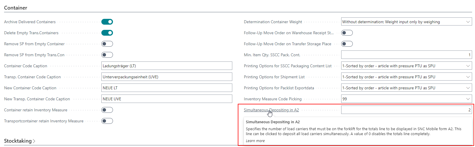 This option in the SNC Logistics Setup defines the number of necessary load carriers on the forklift for the All Carriers on Forklift to show up.