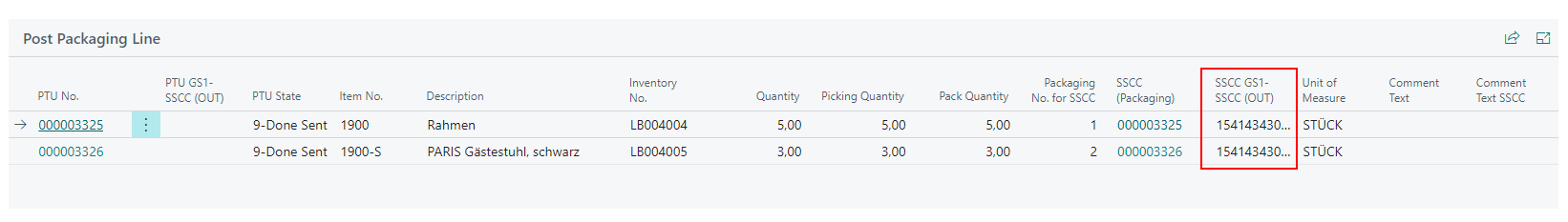 Barcode number in the Posted Packaging Lines