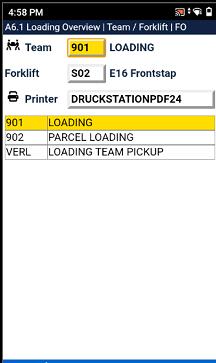 The forklift and printer selection opens. The team was automatically selected correctly.