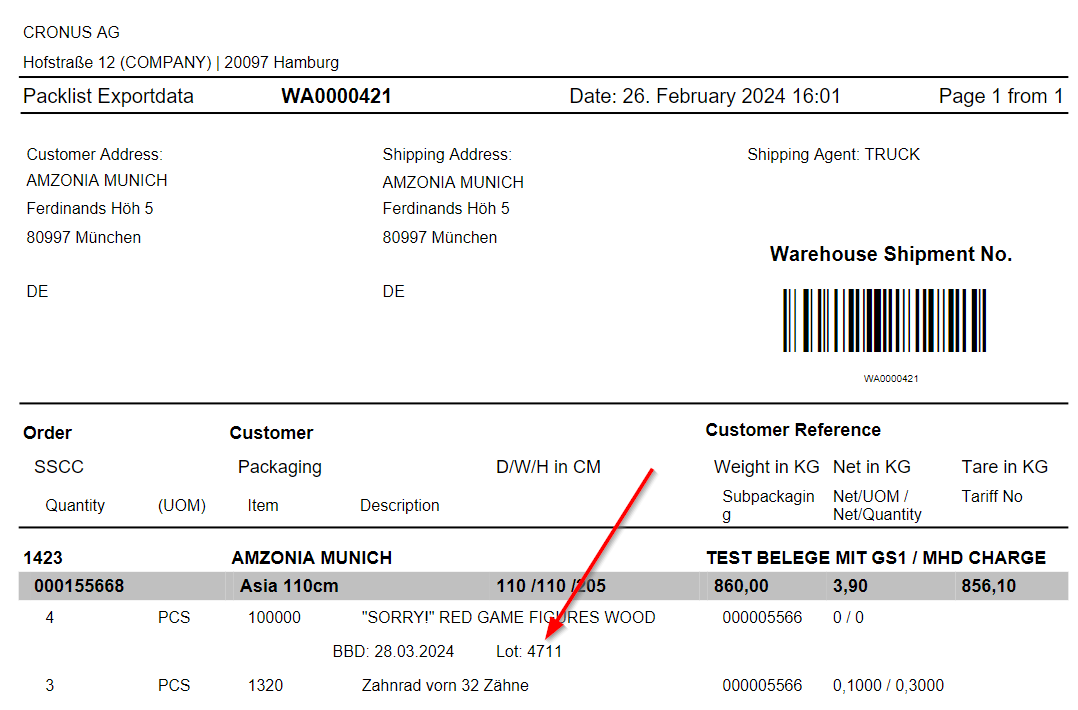 Lot No. on the Packlist Exportdata