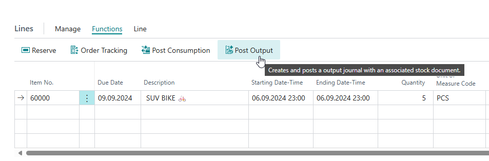 Action in the Released Production Order Lines