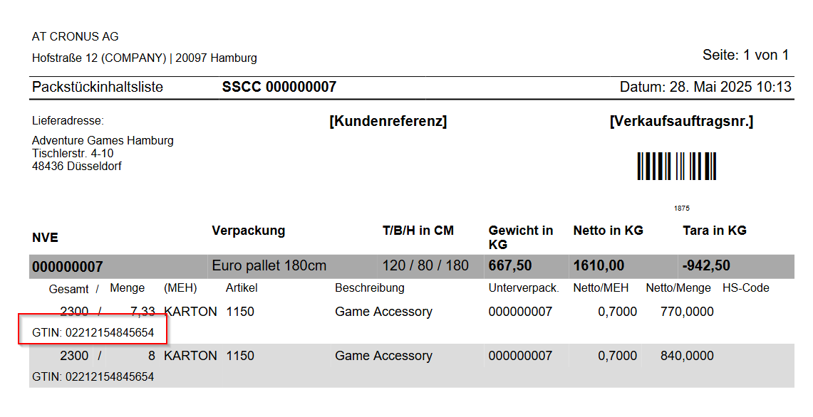 GTIN auf der Packstückinhaltsliste