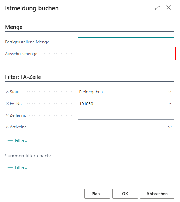 Ausschussmenge in Istmeldung Buchen