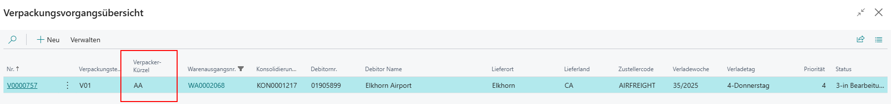 Verpackerkürzel in der Verpackungsvorgangsübersicht