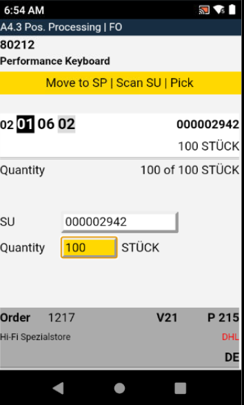 After scanning the SU the quantity is automatically entered in the respective field. The picker now confirms the quantity with enter.
