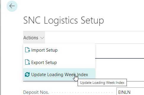 The Update Loading Week Index Action in the SNC Logistics Setup