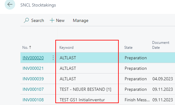 Keyword in stocktaking list