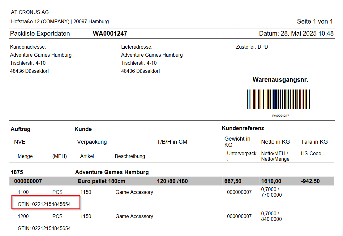 GTIN on the packlist exportdata
