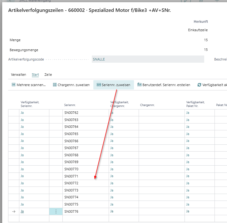 Serial numbers in the item tracking lines